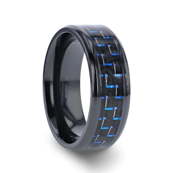 Unique birthstone rings for women-Black Titanium Men's Wedding Band with Blue & Black Carbon Fiber Inlay