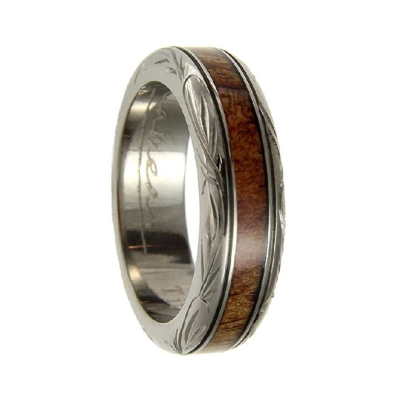 Diamond wedding rings for women-Hawaiian Koa Wood Inlaid Titanium Wedding Band with Wave Scroll