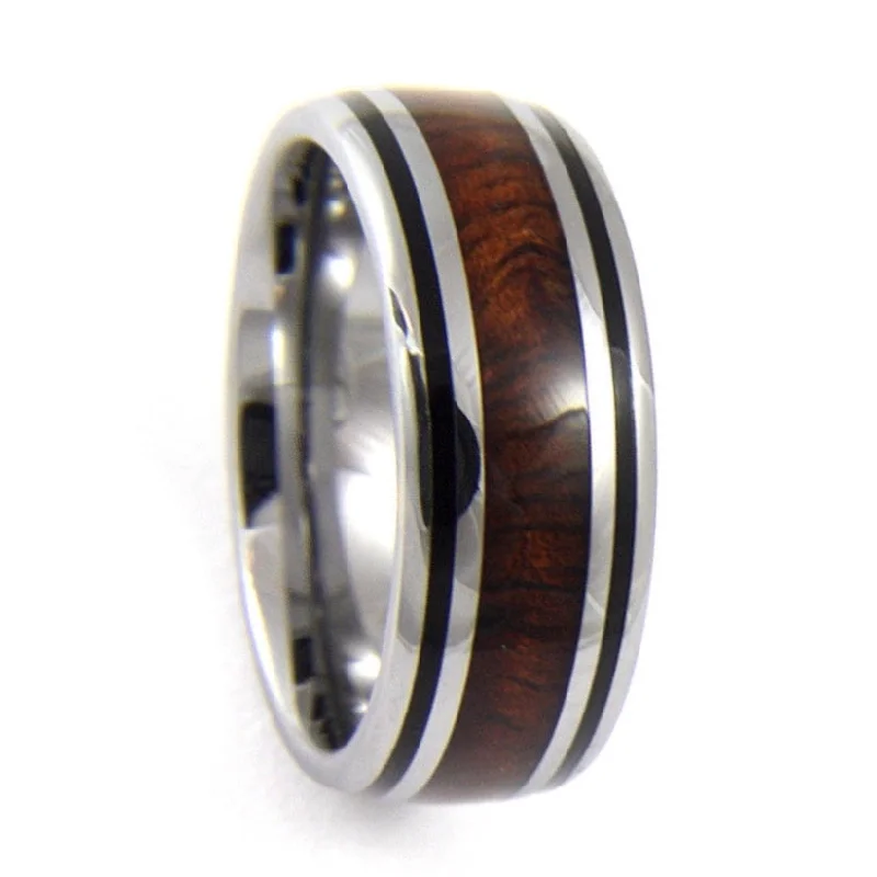 Women’s rings with birthstones-Men's Tungsten Wedding Band with Koa Wood Inlay & Black Enamel Border