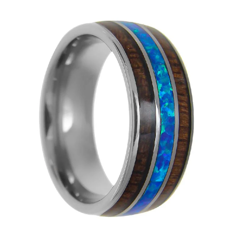 Luxury rings for women-Men's Tungsten Wedding Band with Blue Opal & Koa Wood Inlays