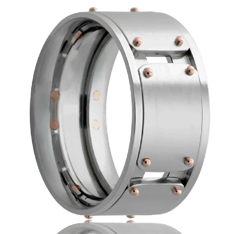 Platinum rings for women-Cobalt Men's Wedding Band with 14k Rose Gold Rivets