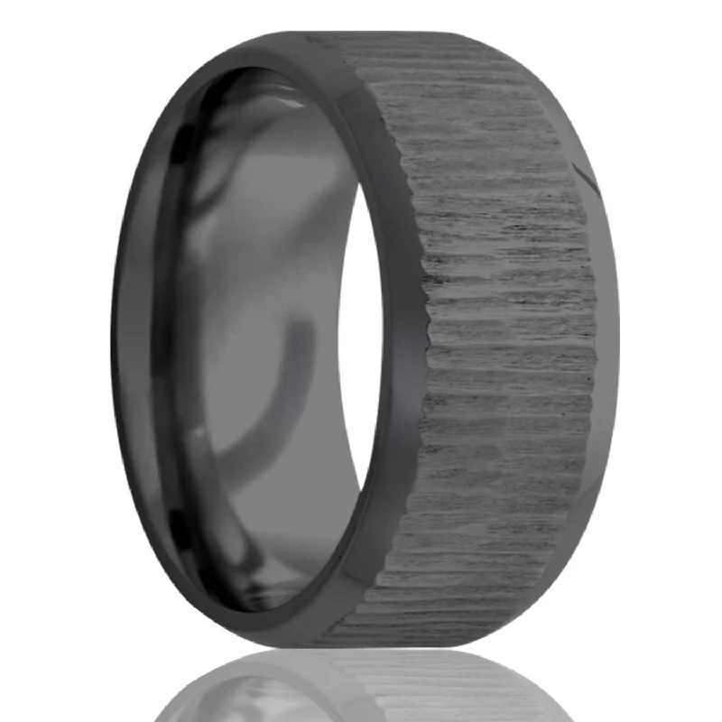 Women’s gemstone rings-Treebark Zirconium Wedding Band with Beveled Edges