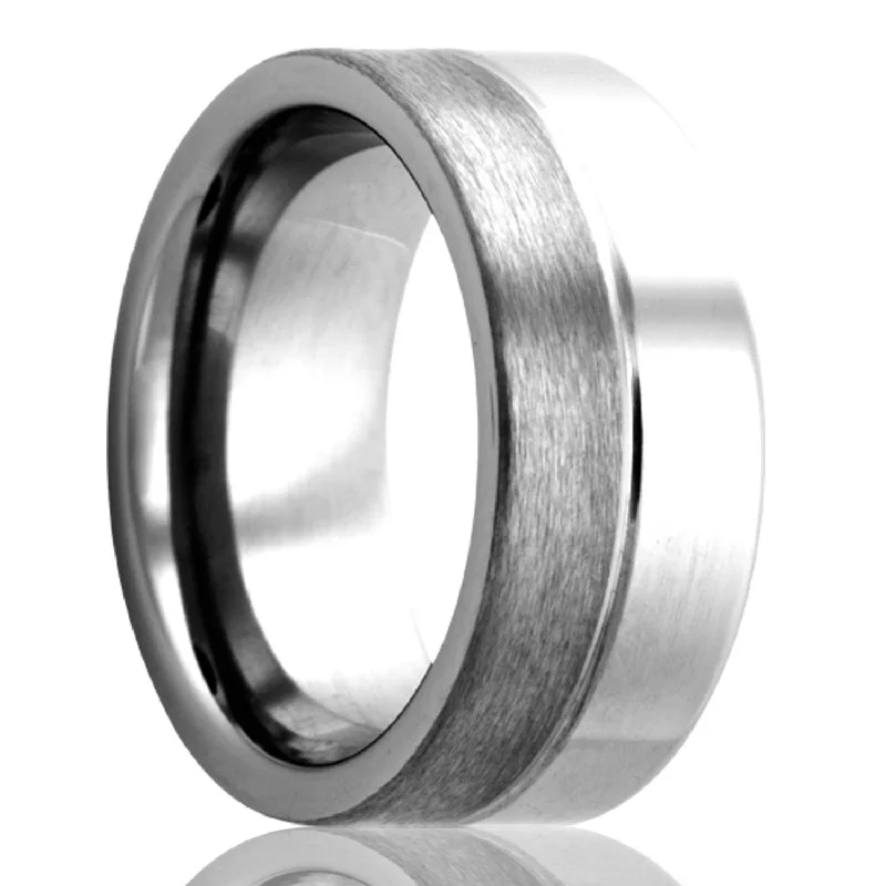 Women’s statement rings-Grooved Tungsten Wedding Band with Half Polished & Satin Finishes