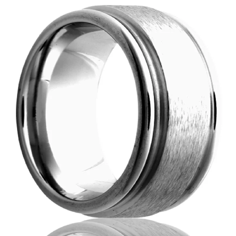 Women’s black diamond rings-Satin Finish Tungsten Wedding Band with Grooved Edges