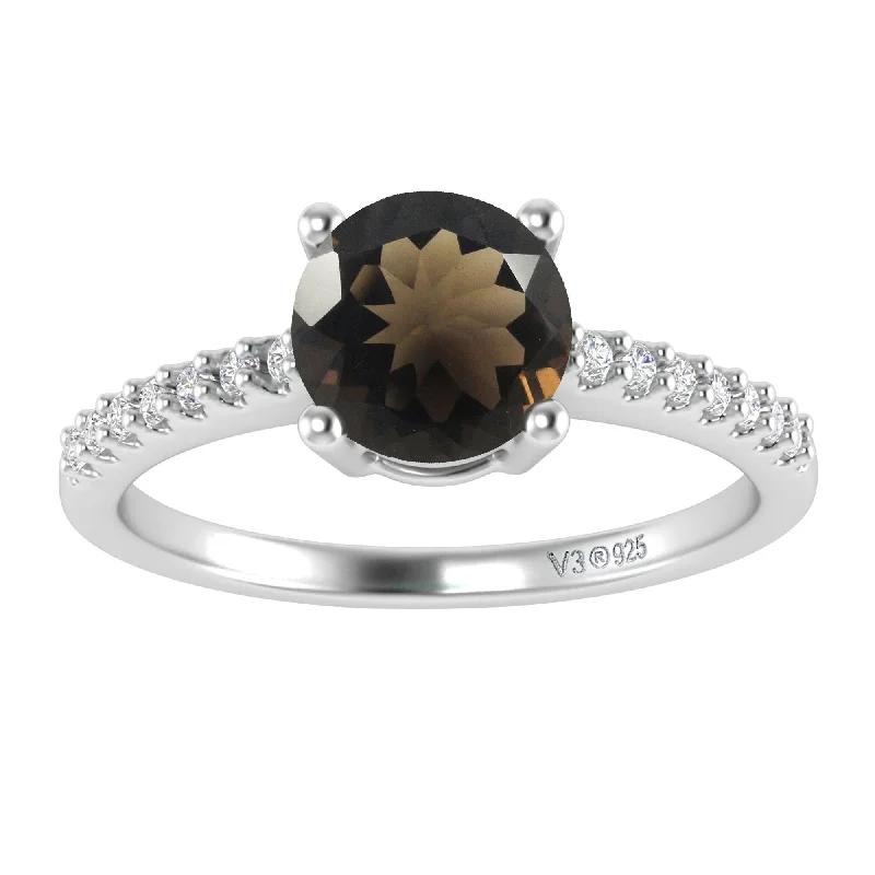 Women’s bezel set engagement rings-Sterling Silver with Smoky Quartz and White Topaz Engagement Ring