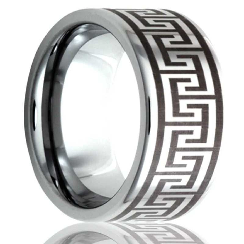 Women’s silver rings with diamonds-Greek Key Engraved Cobalt Wedding Band