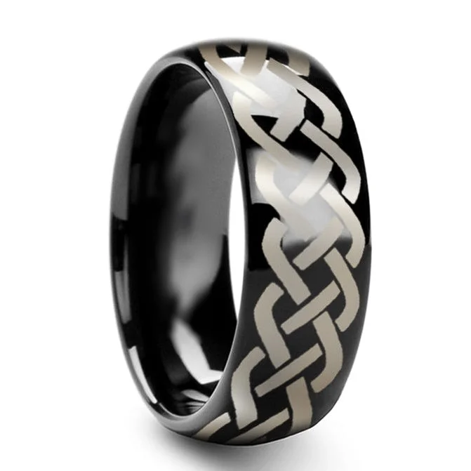 Unique wedding bands for women-Black Tungsten Wedding Band with Celtic Knot Design