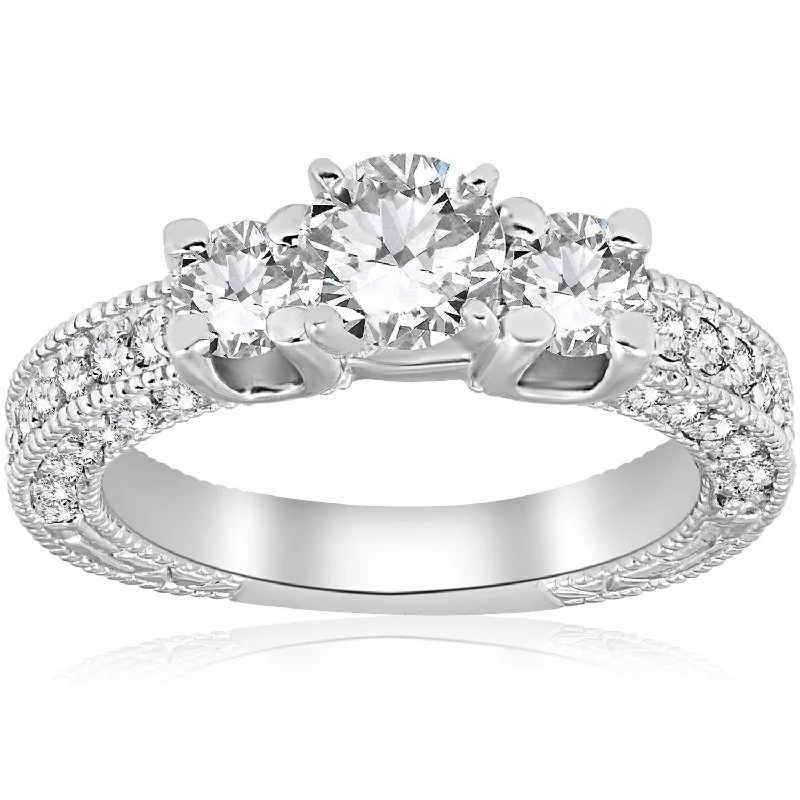 Elegant engagement rings for women-2ct Diamond Vintage 3 Stone Engagement Antique Ring 14K White Gold