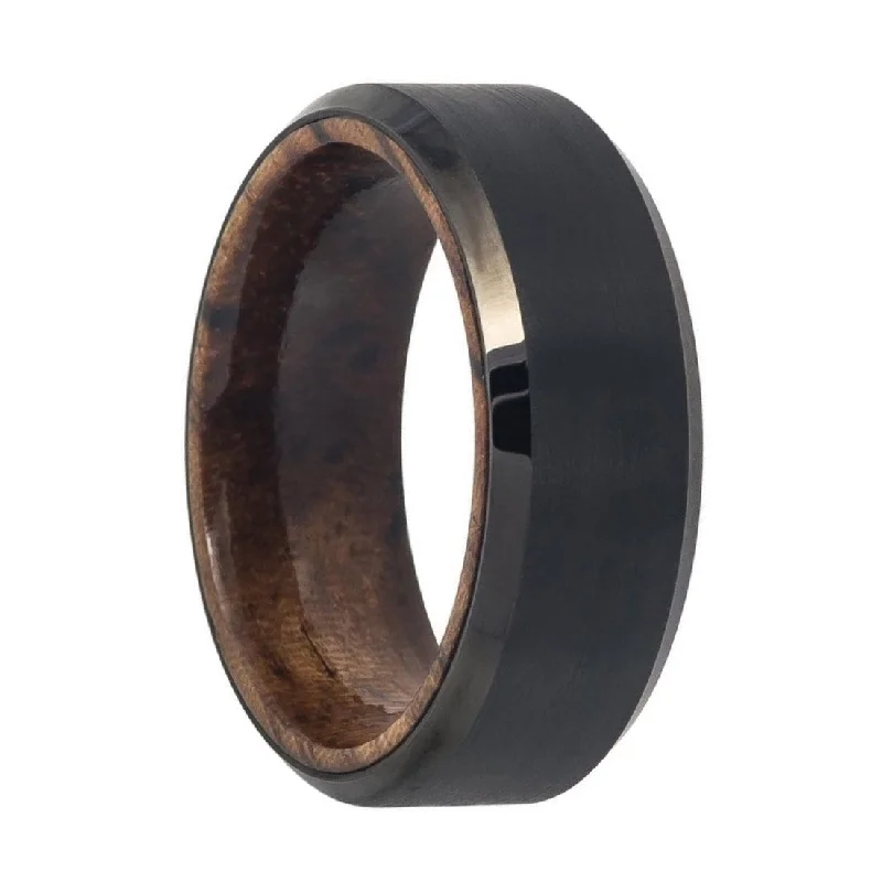 Custom women’s engagement ring-Black Tungsten Men's Wedding Band with African Sapele Wood Interior