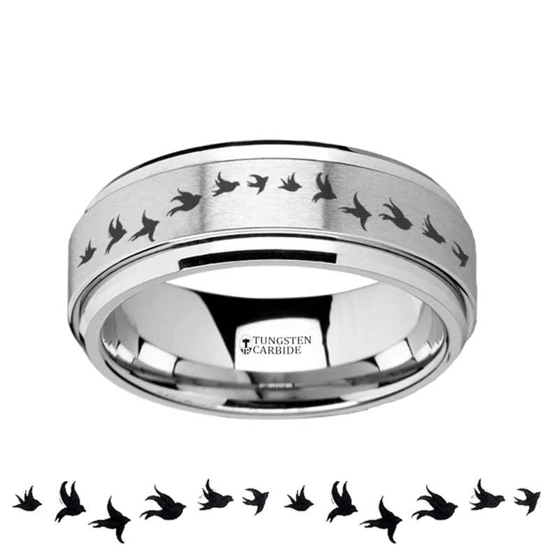 Trendy silver rings for women-Flying Birds Engraved Spinner Tungsten Wedding Band