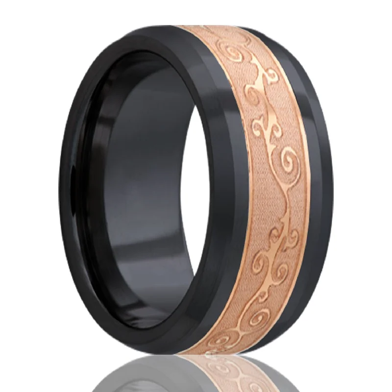 Elegant rings for women’s daily wear-Scroll Pattern Copper Inlay Zirconium Wedding Band with Beveled Edges