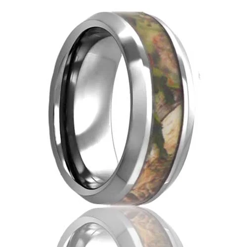 Custom silver rings for women-Forest Camo Inlay Tungsten Men's Wedding Band with Beveled Edges