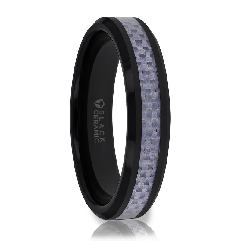 Simple women’s rings-Black Ceramic Wedding Band with Purple Carbon Fiber Inlay