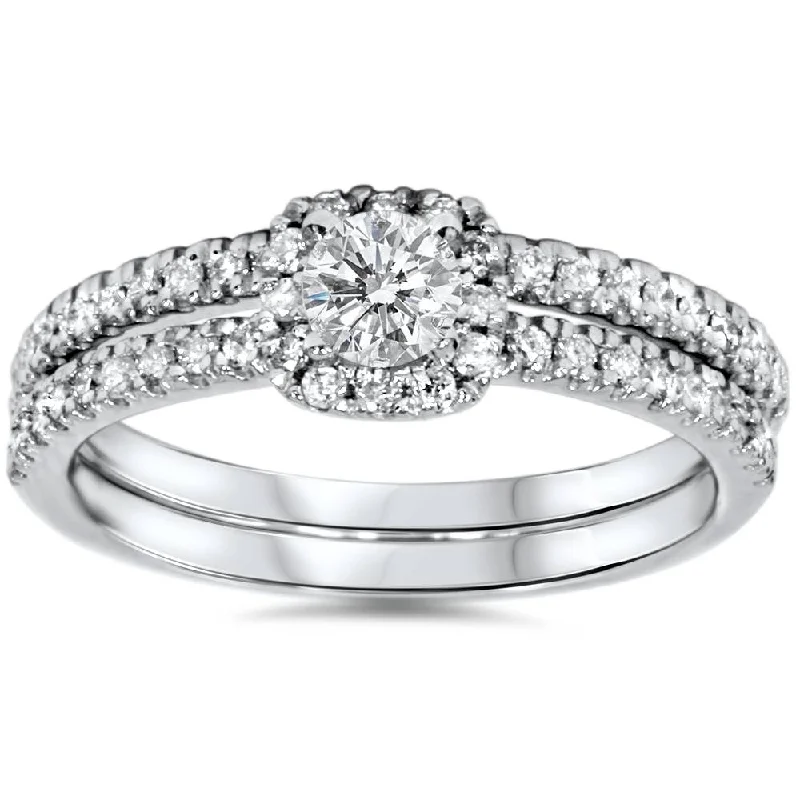 Engagement rings with twisted diamond bands-3/4ct Diamond Cushion Halo Engagement Wedding Ring Set White Gold