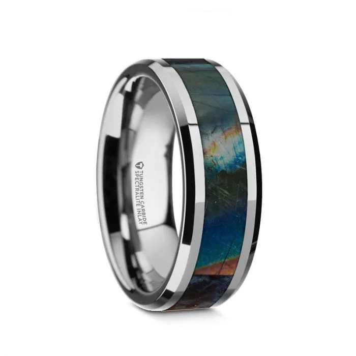 Women’s rings for anniversaries-Tungsten Men's Wedding Band with Spectrolite Inlay