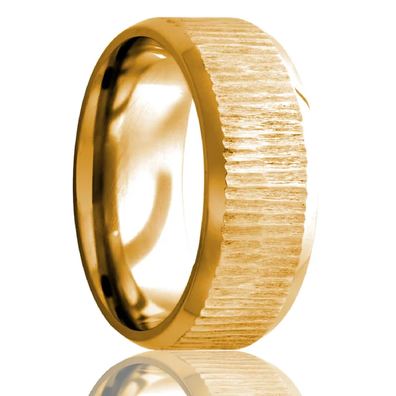 Stackable diamond rings for women-Treebark 14k Gold Wedding Band with Beveled Edges