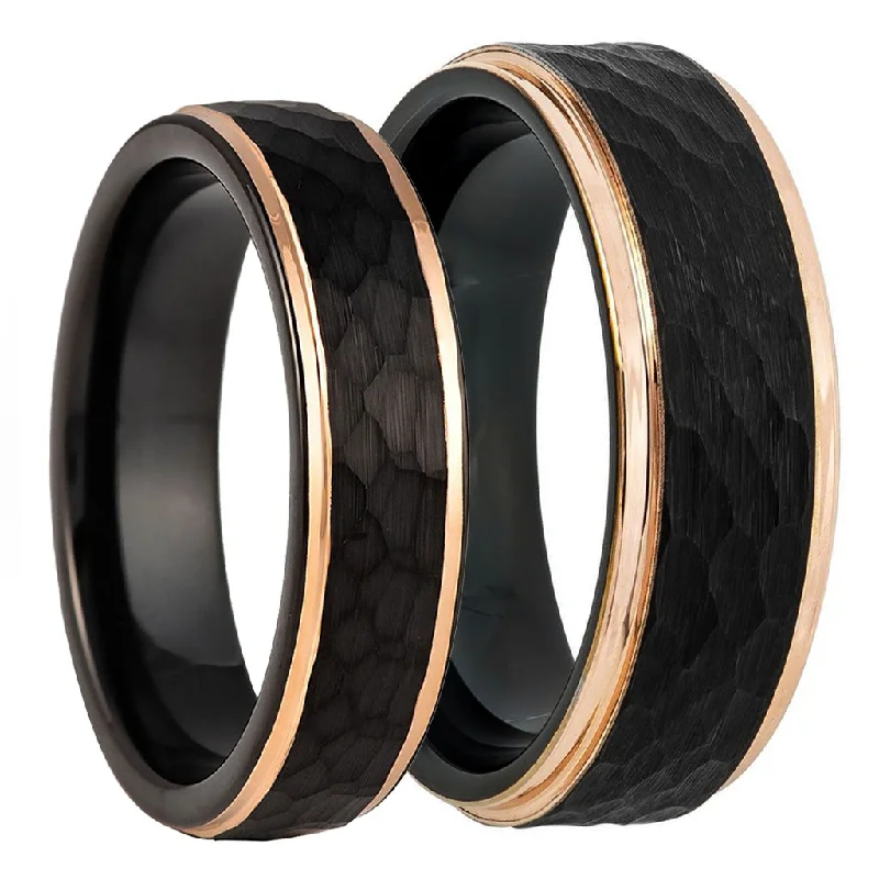 Unique women’s wedding bands-Hammered Black Tungsten Couple's Matching Wedding Band Set with Rose Gold Edges