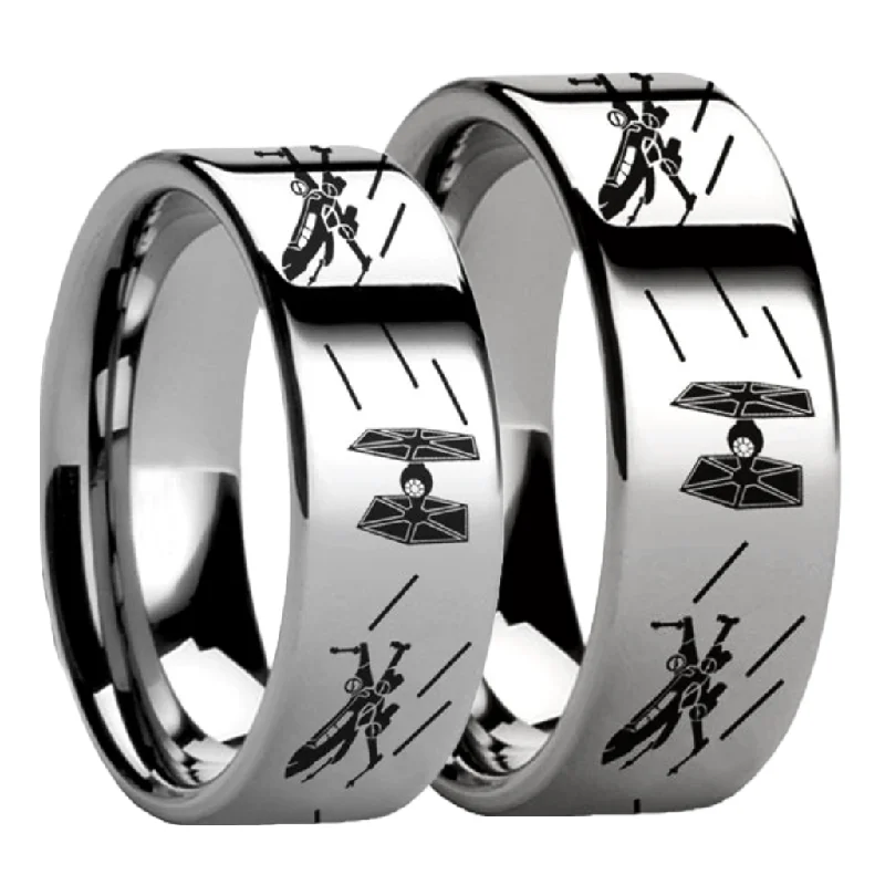 Custom women’s engagement ring-Star Wars Tie Fighter X Wing Tungsten Couple's Matching Wedding Band Set