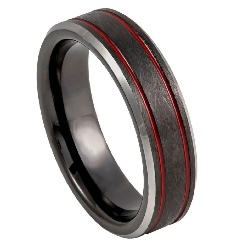 Vintage-style rings for women-Brushed Tungsten Men's Wedding Band with Dual Red Grooves