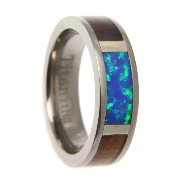 Women’s rings for casual wear-Koa Wood Inlaid Titanium Wedding Band with Blue Green Opal