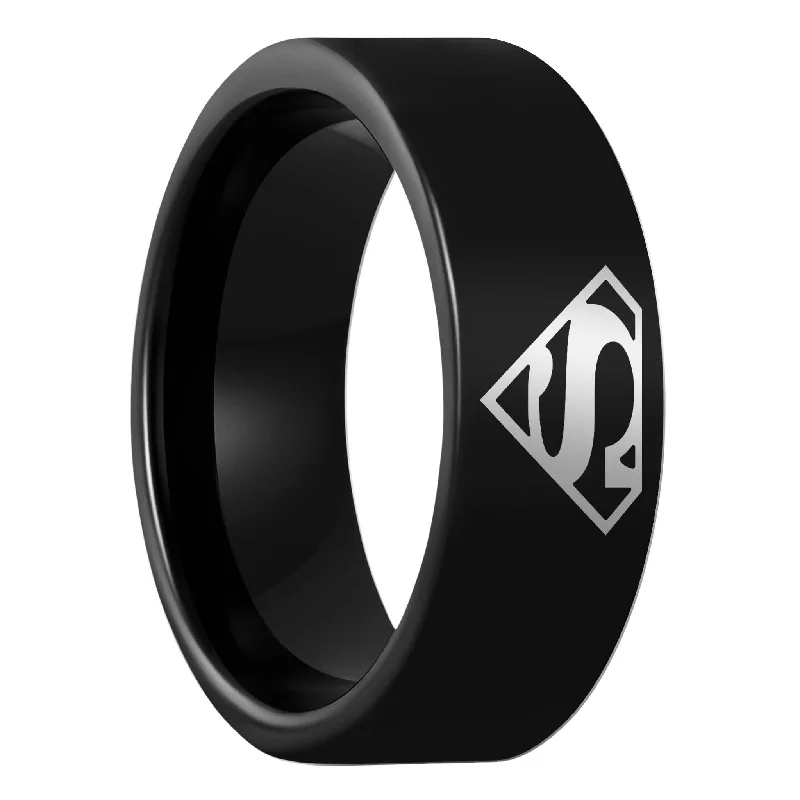 Women’s large stone rings-Superman Black Tungsten Men's Wedding Band