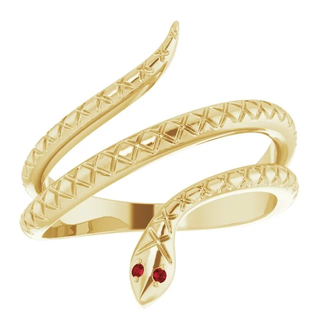 Elegant gold wedding rings for women-14k Yellow Gold Snake Shaped Women's Ring with Garnet Eyes