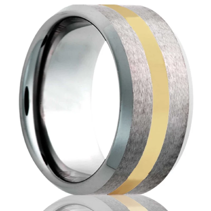 Women’s gemstone rings-14k Yellow Gold Inlay Satin Finish Tungsten Wedding Band with Beveled Edges