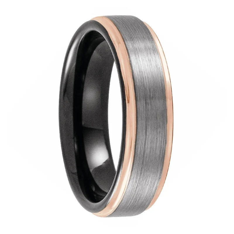 Women’s eternity rings-Tungsten Men's Wedding Band with Rose Gold Edges and Black Interior