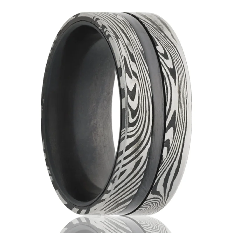 Women’s rings with sapphire gemstones-Center Groove Damascus Steel & Zirconium Men's Wedding Band