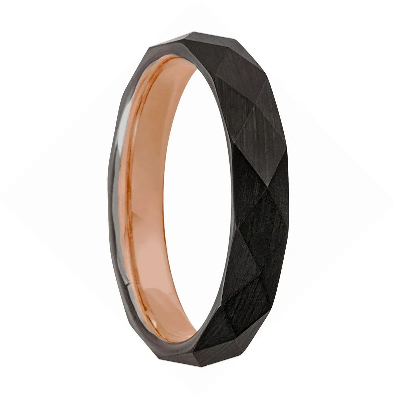 Women’s chunky statement rings-Faceted Black Tungsten Wedding Band with Rose Gold Interior