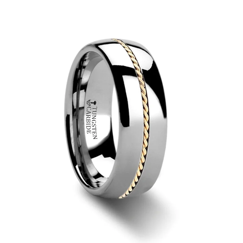 Modern silver rings for women-Tungsten Men's Wedding Band with Braided 14k Gold Inlay