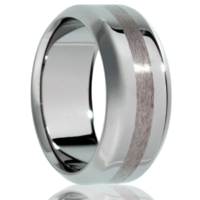 Affordable diamond rings for women-Satin Finish Stripe Tungsten Wedding Band with Beveled Edges