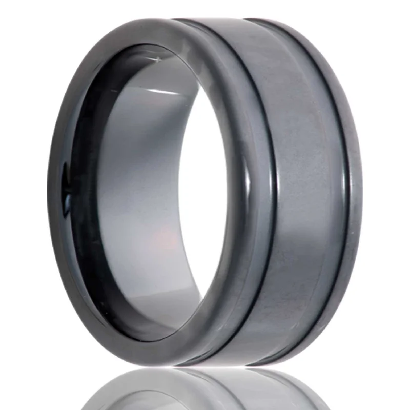 Luxury rings for women-Sandblasted Dual Grooved Black Ceramic Wedding Band