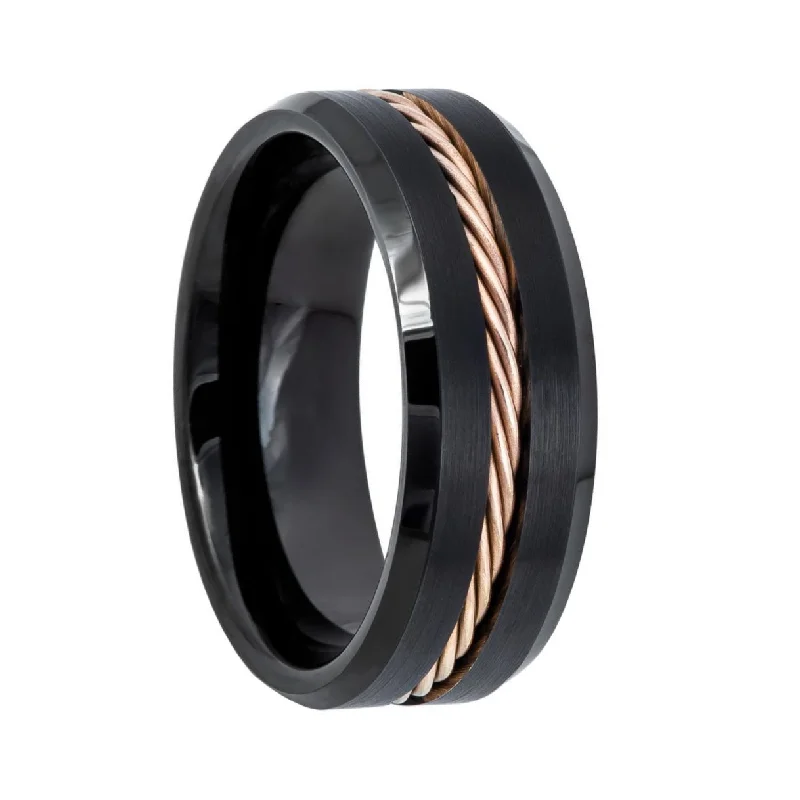 Women’s rings with amethyst stones-Black Tungsten Wedding Band with Rose Gold Twisted Cable Inlay