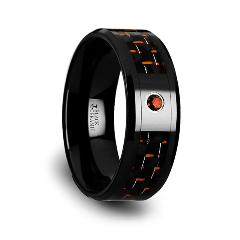 Rose gold rings for women-Black Ceramic Men's Wedding Band with Black & Orange Carbon Fiber and Orange Padparadscha