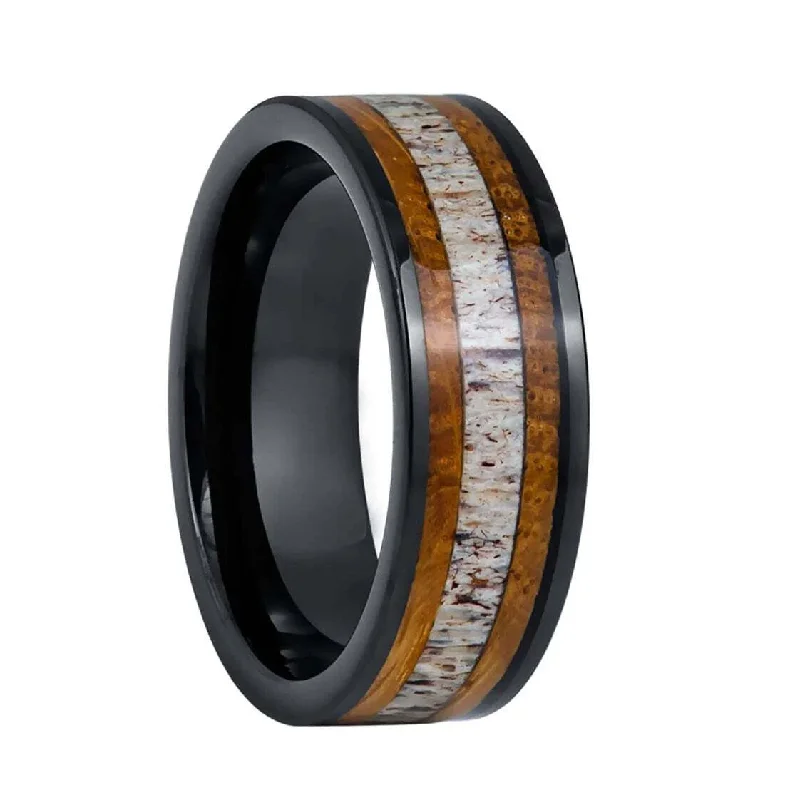 Elegant gold rings for women-Dual Koa Wood & Antler Inlaid Black Tungsten Men's Wedding Band