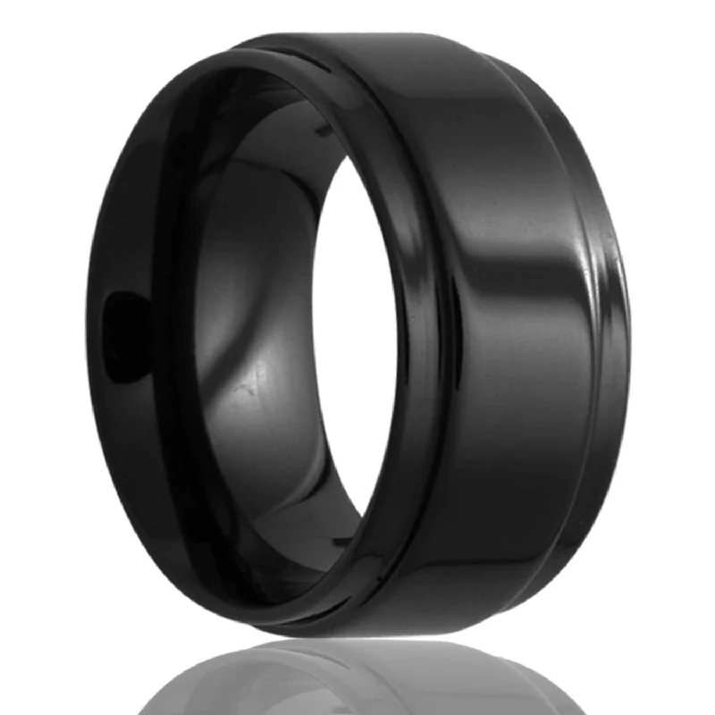 Gold engagement rings for women-Black Ceramic Men's Wedding Band with Stepped Edges