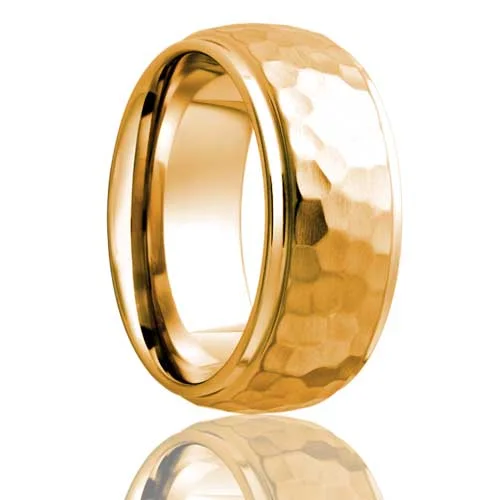 Women’s gemstone cocktail rings-Domed Hammered 14k Gold Wedding Band with Stepped Edges