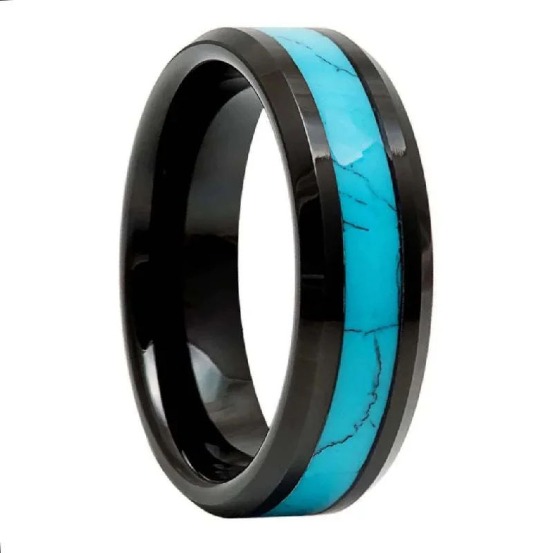 Personalized rings for women-Turquoise Inlay Black Tungsten Men's Wedding Band