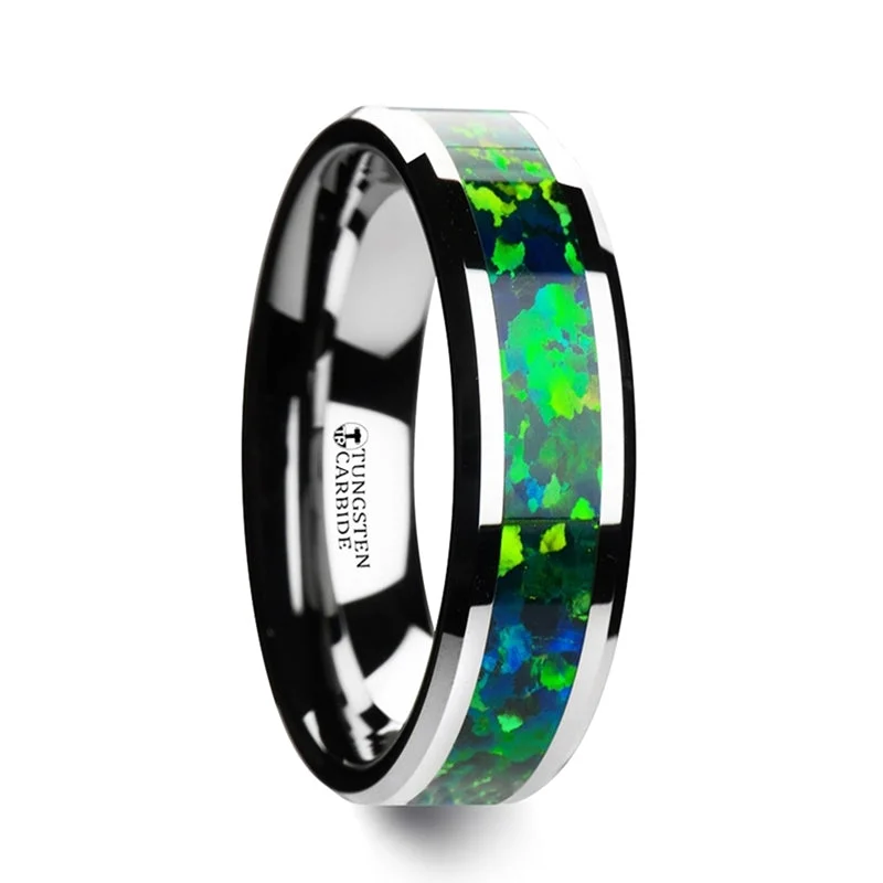 Affordable rings for women-Tungsten Women's Wedding Band with Green & Blue Opal Inlay