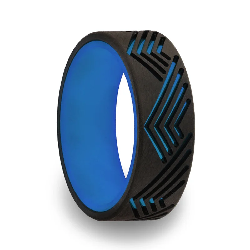 Custom-designed women’s rings-Blue Glow in the Dark Zirconium Men's Wedding Band with Geometric Mountain Cutouts