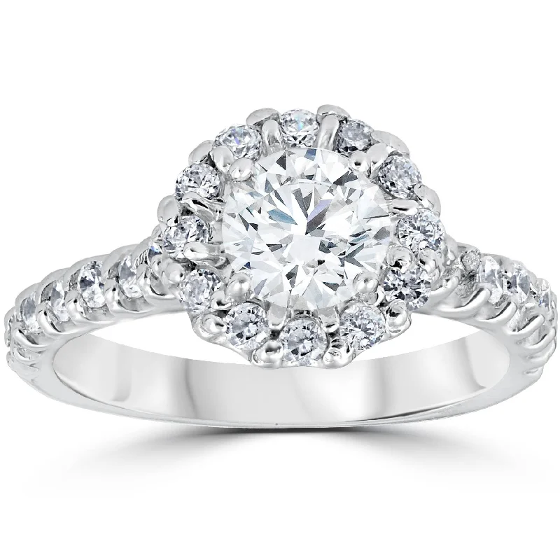 Engagement rings with twisted diamond bands-1 3/8ct Halo Diamond Engagement Ring 14K White Gold