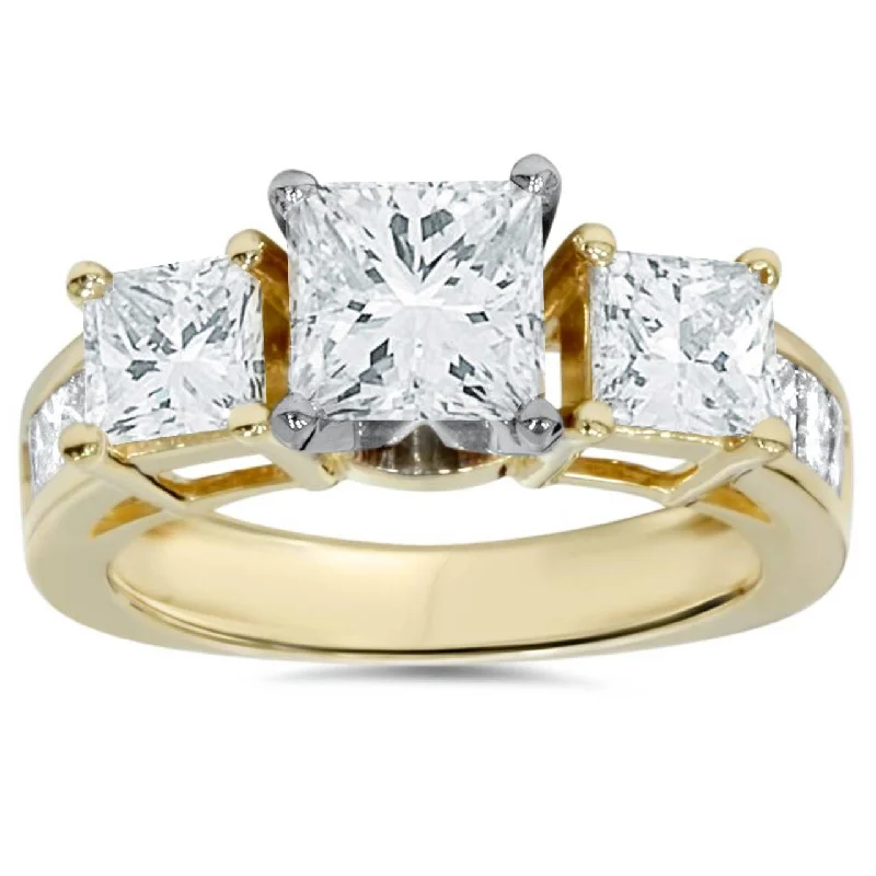 Women’s emerald cut engagement rings-2ct Princess Cut Diamond 3 stone Engagement Ring 14K Yellow Gold