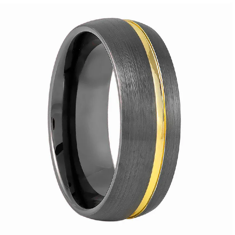 Unique wedding bands for women-Gold Grooved Gunmetal Tungsten Men's Wedding Band