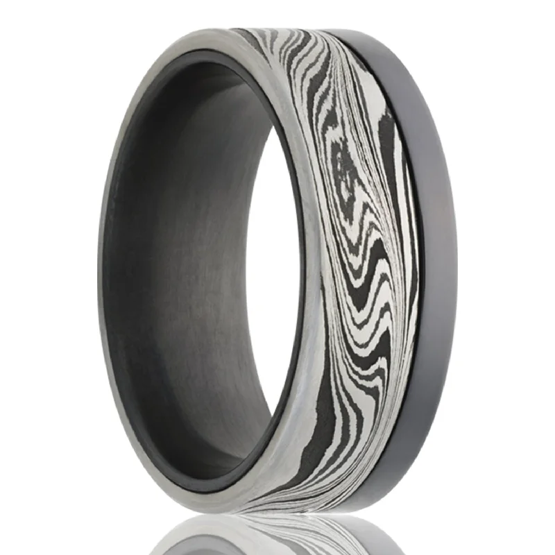 Stylish women’s rings with unique designs-Asymmetrical Damascus Steel & Zirconium Men's Wedding Band