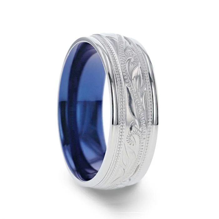 Women’s rings with sapphire gemstones-Milgrain Patterned Titanium Men's Wedding Band with Blue Interior