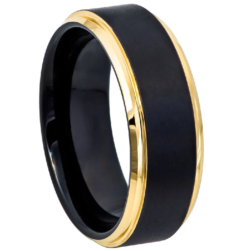 Women’s rings with intricate stone settings-Tungsten Men's Wedding Band with Stepped Gold Edges