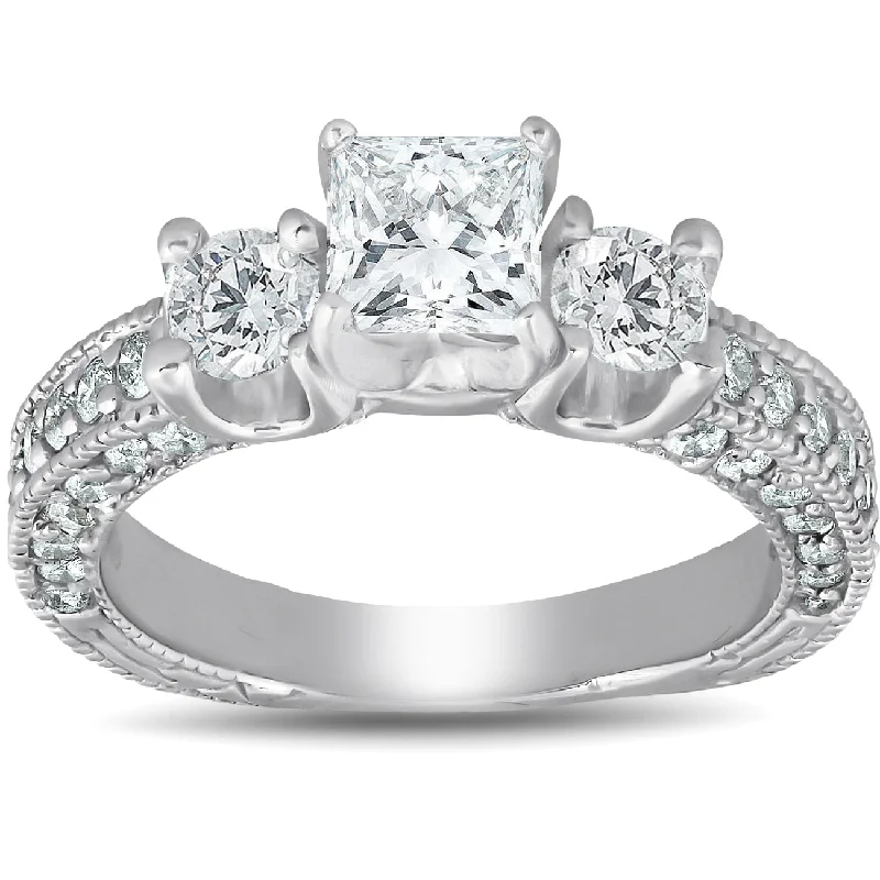 Engagement rings with cushion cut diamonds-2 1/4ct Princess Cut 3 Stone Enhanced Diamond Vintage Engagement Ring 14K