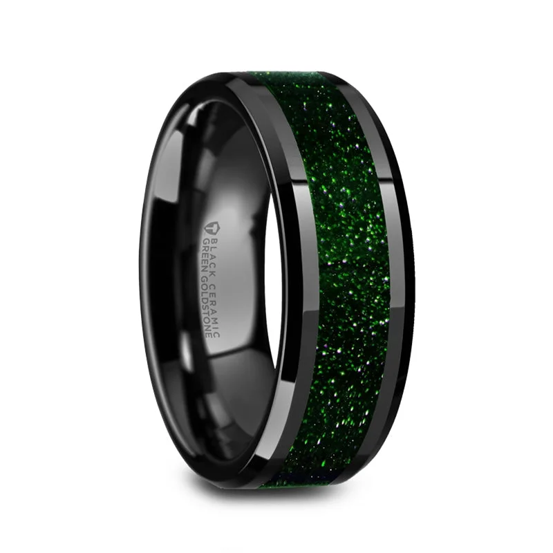 Women’s rings with emerald stones-Black Ceramic Men's Wedding Band with Green Goldstone Inlay