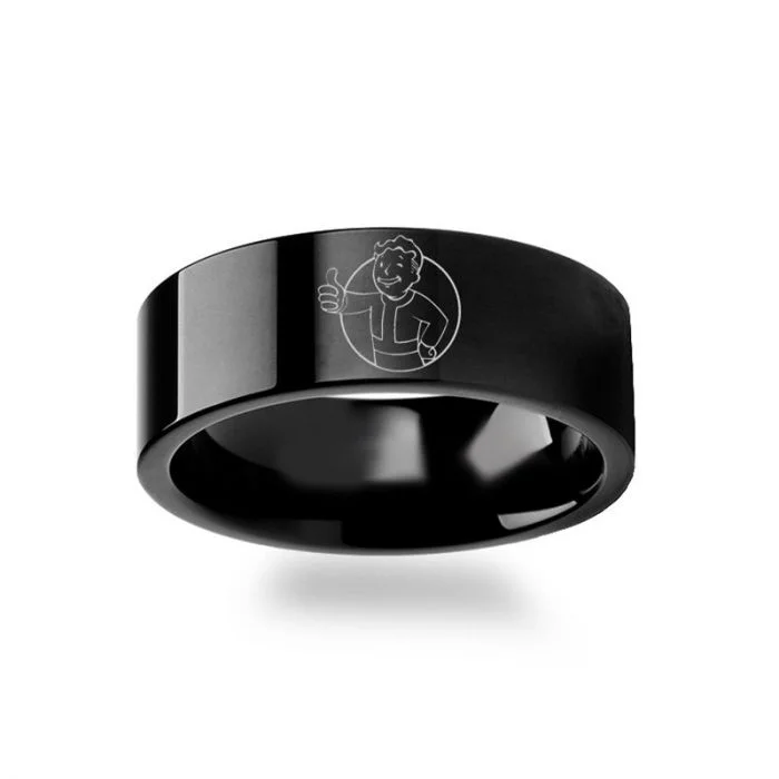 Women’s cocktail rings-Fallout 4 Vault Boy Engraved Black Tungsten Wedding Band